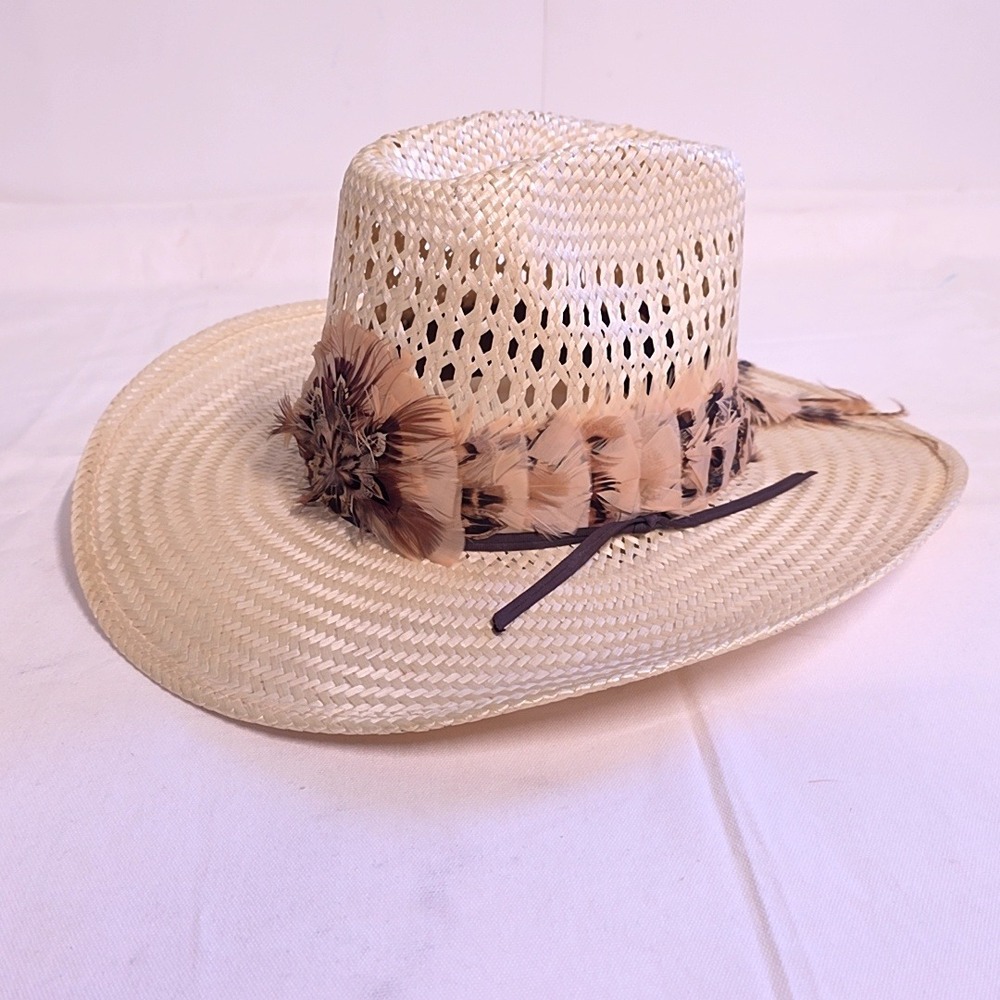 Bailey Straw Cowgirl Hat Womens 7 Cream Feather Band Girls Rodeo Association